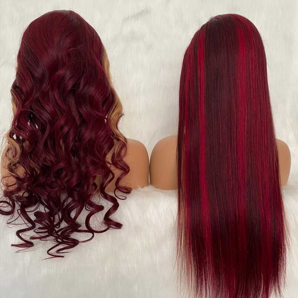 99J Piano 27 Compact 13x4 Frontal Lace Wig 24 inch 150% Density Wave Human Hair Wigs for Women Burgundy Colored
