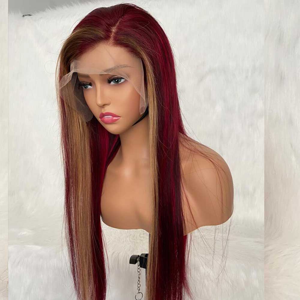 99J Piano 27 Compact 13x4 Frontal Lace Wig 24 inch 150% Density Wave Human Hair Wigs for Women Burgundy Colored