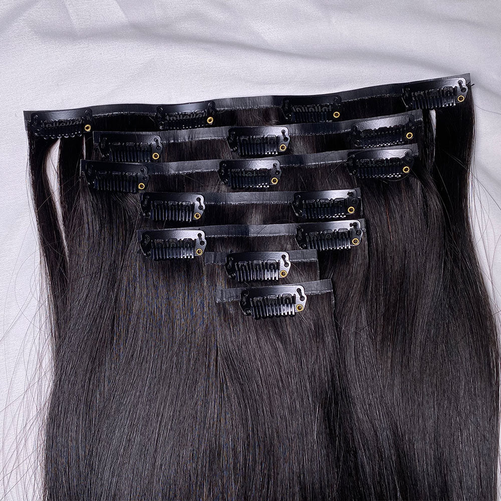 10A Grade Seamless Hair Extensions Clip in Human Hair #1B Natural Black Ultra Thin Double Weft PU Invisible Clip in Hair Extensions Remy Human Hair Clip in 7pcs 110g
