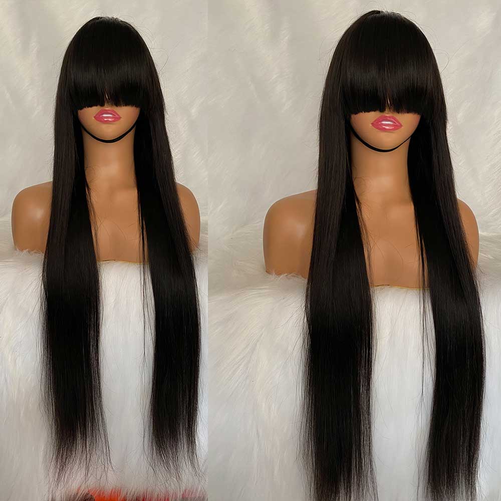 Machine Made Sew In Wig Human Hair Straight Wig Silky Straight Wig with Bang Natural Color For Women Glueless Wigs