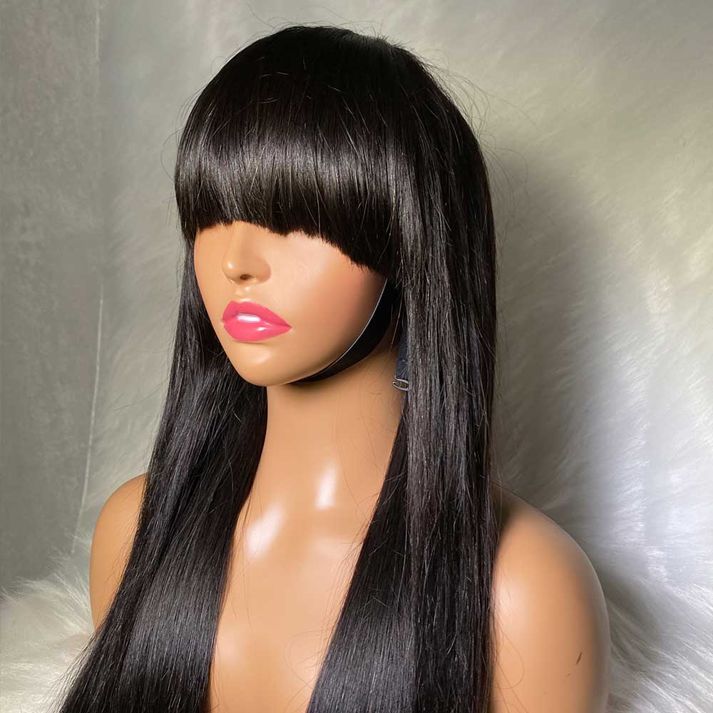 Machine Made Sew In Wig Human Hair Straight Wig Silky Straight Wig with Bang Natural Color For Women Glueless Wigs